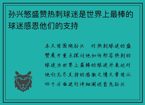 孙兴慜盛赞热刺球迷是世界上最棒的球迷感恩他们的支持