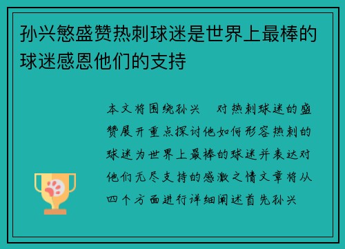 孙兴慜盛赞热刺球迷是世界上最棒的球迷感恩他们的支持